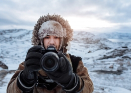 Canadian social media influencer Siya Zarrabi taking photos in seal skin clothes near Ilulissat in Greenland