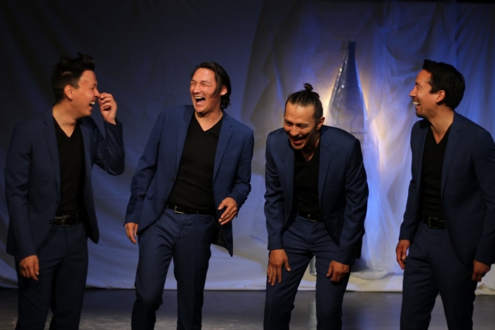 Hans Henrik Suersaq, Klaus Geisler, Kristian Mølgaard and Miki Jacobsen in Angutivik from The National Theatre of Greenland laughing. Photo by Gerth Lyberth, Visit Greenland