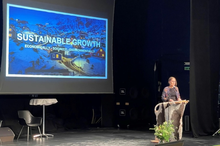 Anne Nivika Grødem, Acting CEO at Visit Greenland giving a speech at Future Greenland 2022. Photo by Greenland Business Association