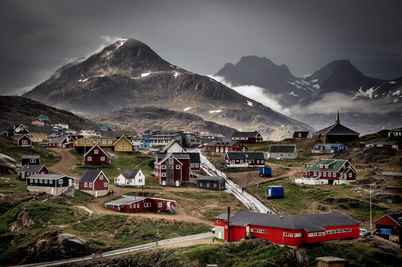 A rainy day view over Tasiilaq in East Greenland. By Mads Pihl
