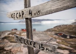 A sign at Eqi Glacier Lodge in North Greenland. By Mads Pihl