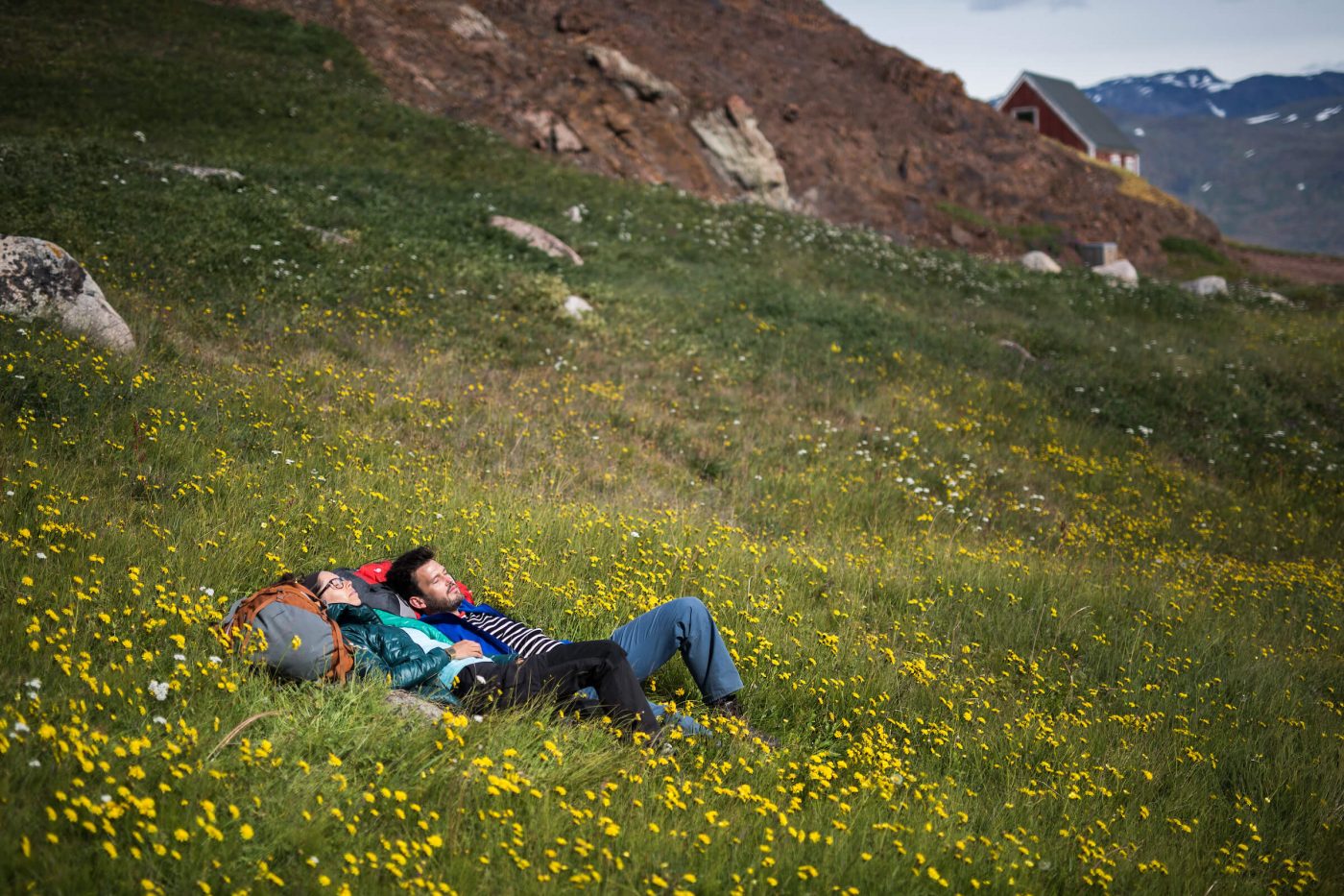 Hikers relaxing in a field of flowers in Qassiarsuk. The 5 most boring places in Greenland