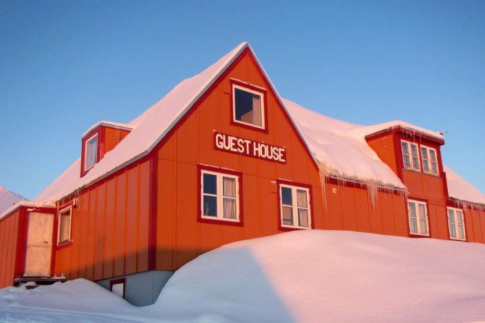 View of Ittoqqortoormiit Guesthouse in Winter in East Greenland. Photo by Ittoqqortoormiit Guesthouse