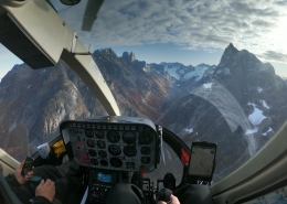 Sermeq Helicopters cockpit view of a fjord in South Greenland. Photo by Camilla Beg Christensen, Visit Greenland.
