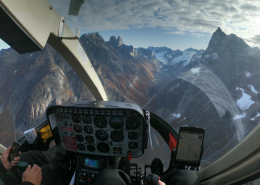 Sermeq Helicopters cockpit view of a fjord in South Greenland. Photo by Camilla Beg Christensen, Visit Greenland.