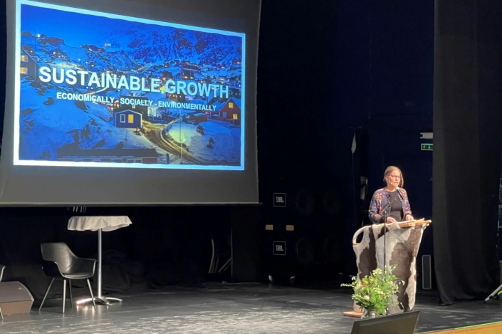 Anne Nivika Grødem, Acting CEO at Visit Greenland giving a speech at Future Greenland 2022. Photo by Greenland Business Association