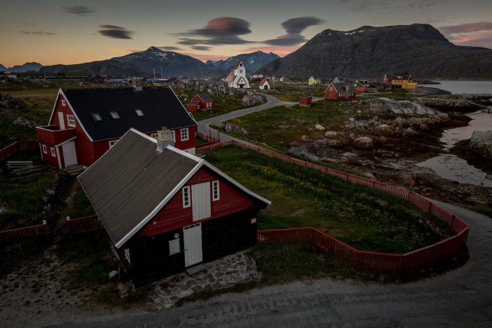 Evening light over the museum and old town parts of Nanortalik in South Greenland. Photo by Mads Pihl - Visit Greenland